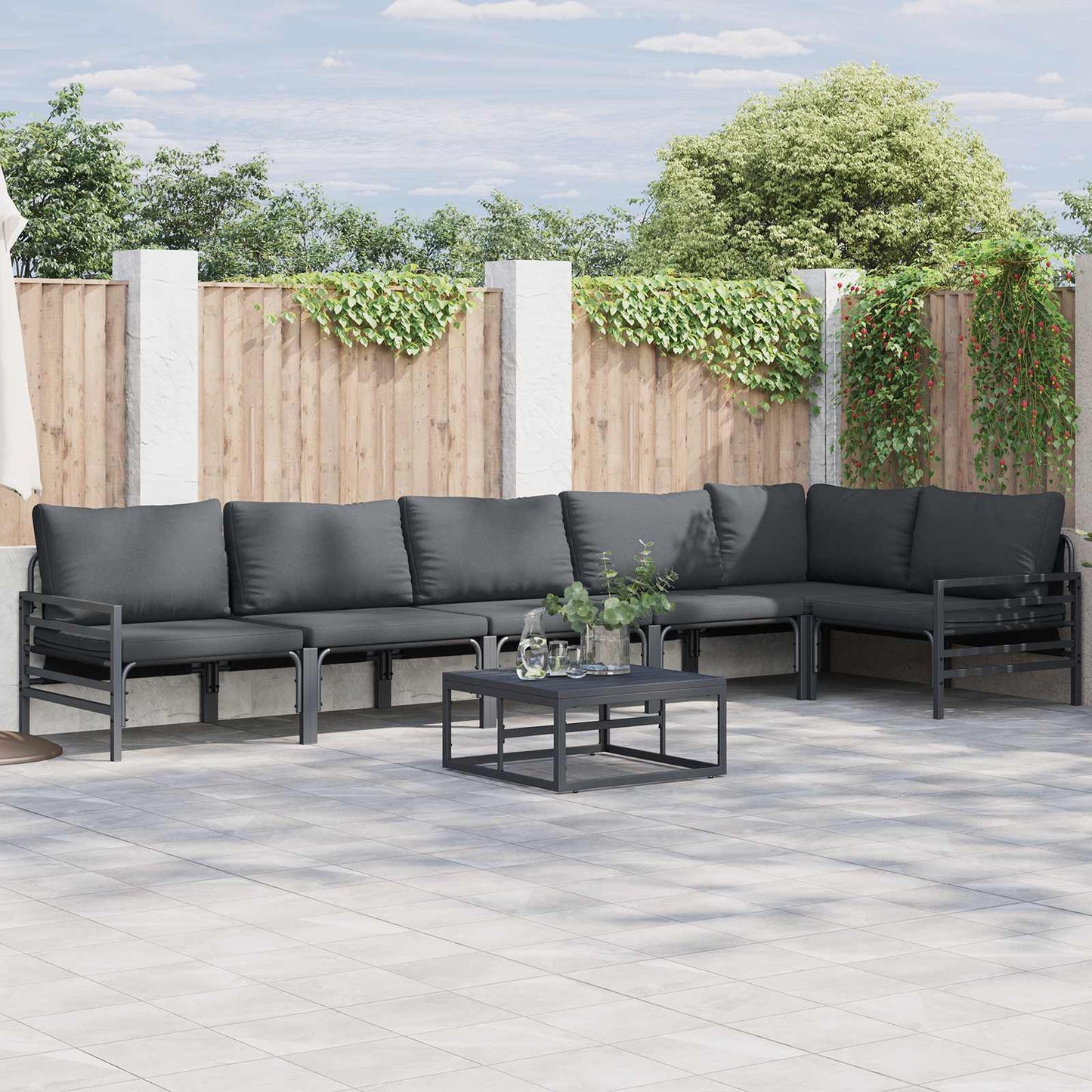 Garden Sofa Set with Cushion 6 pcs Black Steel