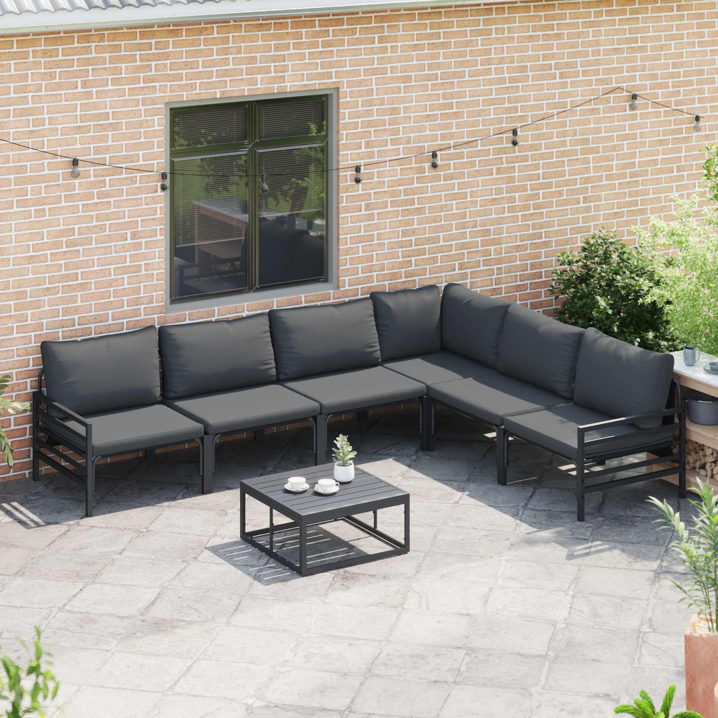 Garden Sofa Set with Cushion 6 pcs Black Steel