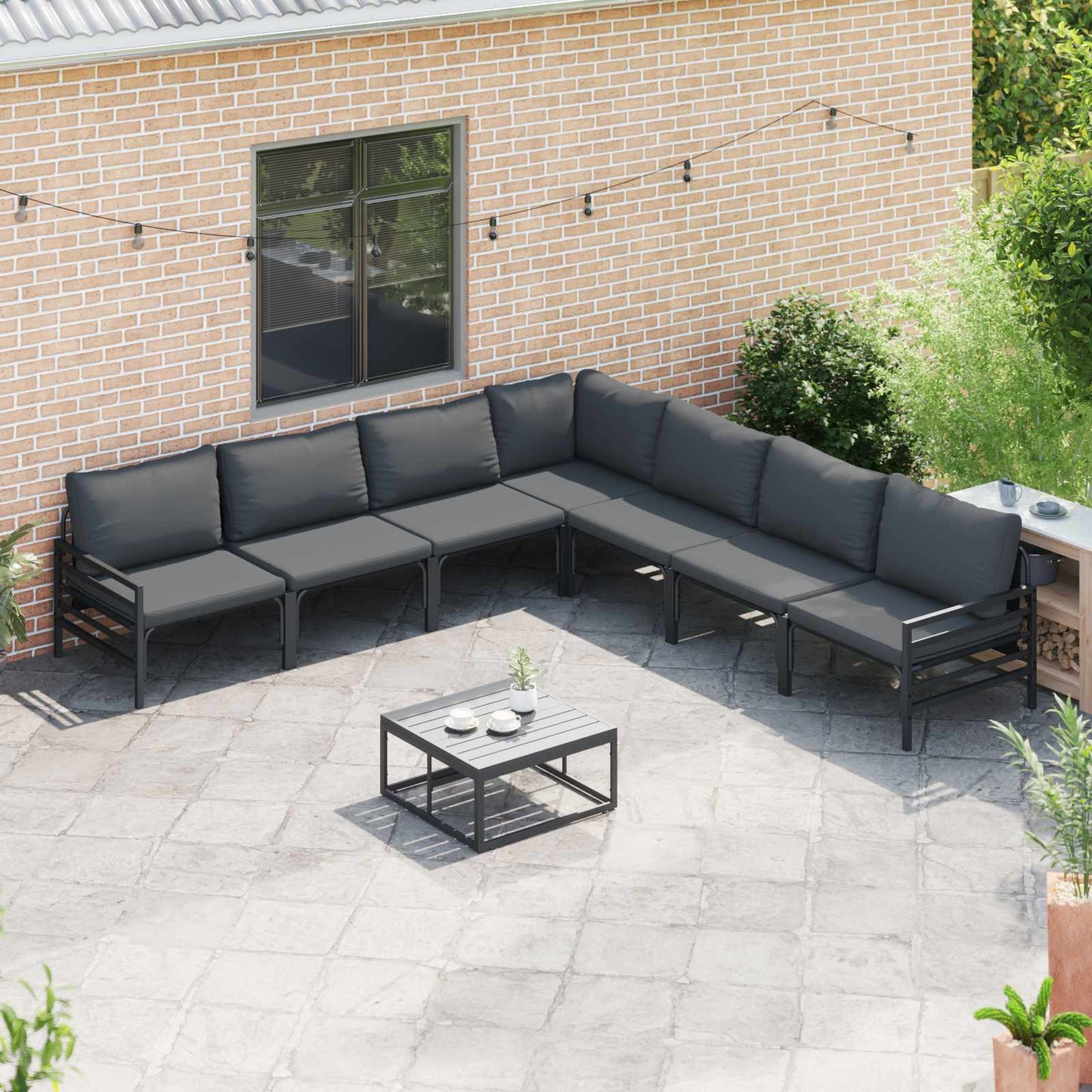 Garden Sofa Set with Cushion 8 pcs Black Steel