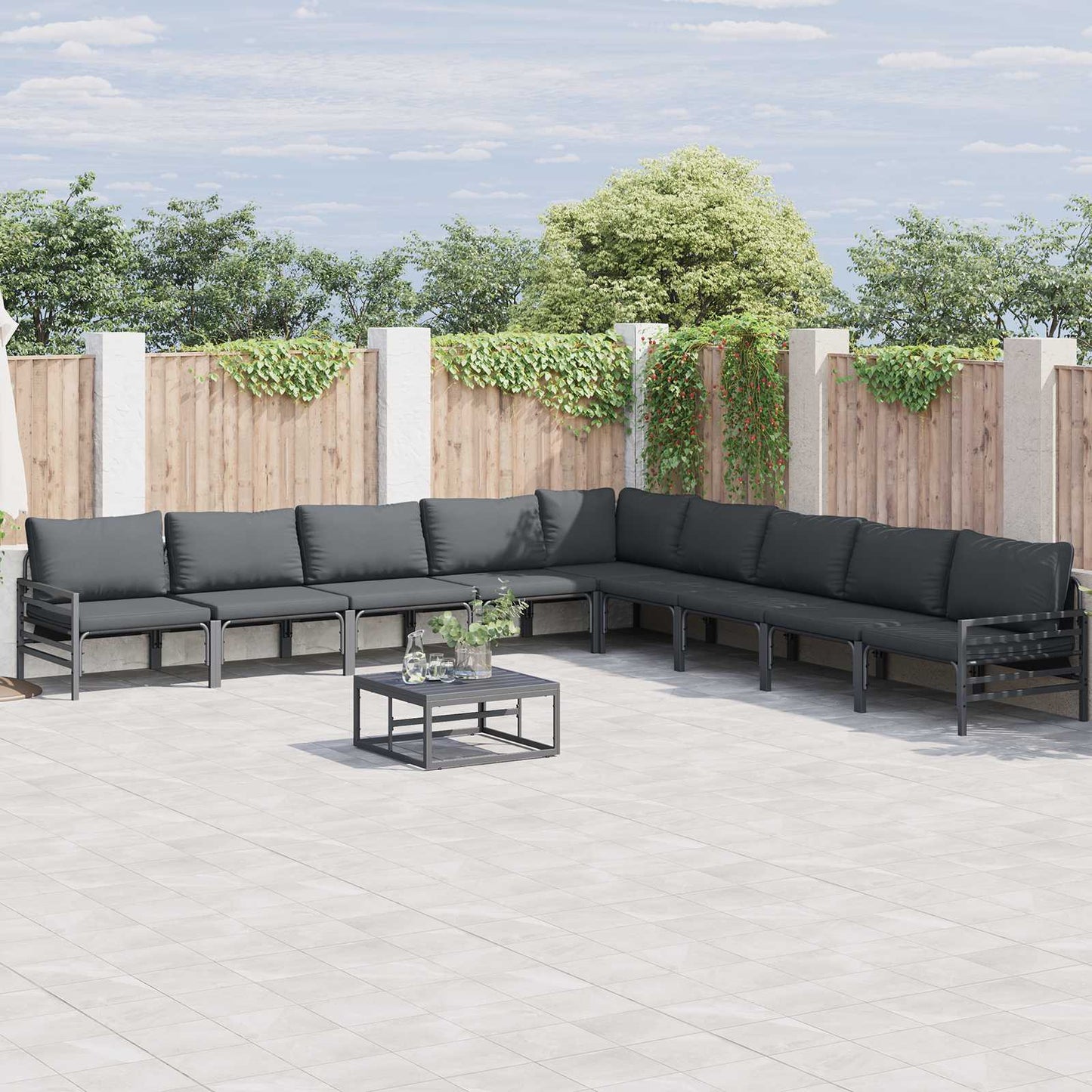 Garden Sofa Set with Cushion 10 pcs Black Steel
