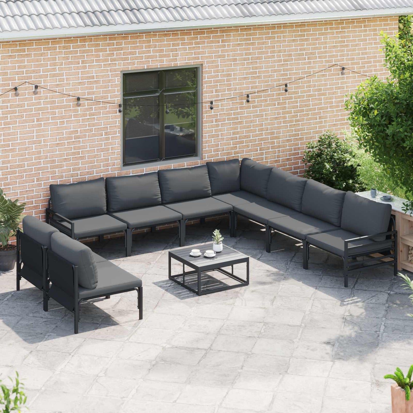 Garden Sofa Set with Cushion 10 pcs Black Steel