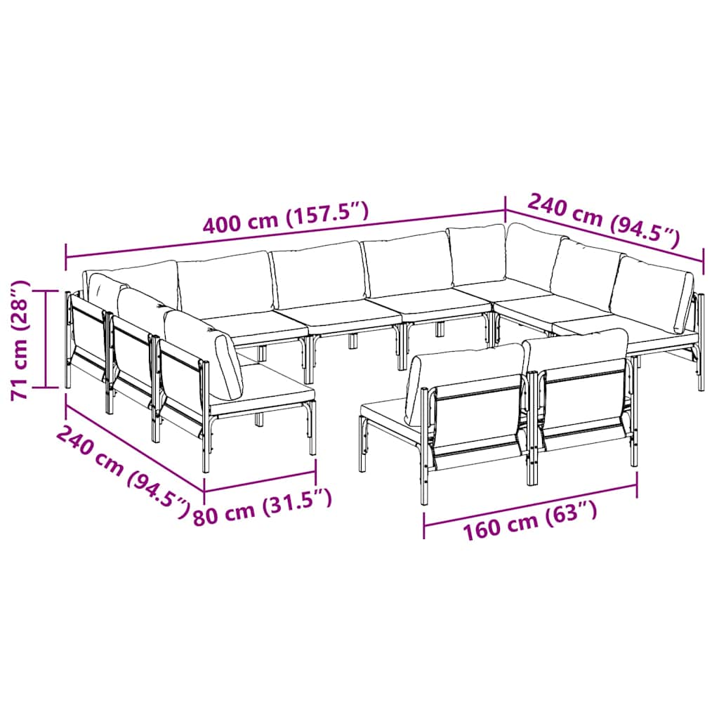 Garden Sofa Set with Cushion 11 pcs Black Steel
