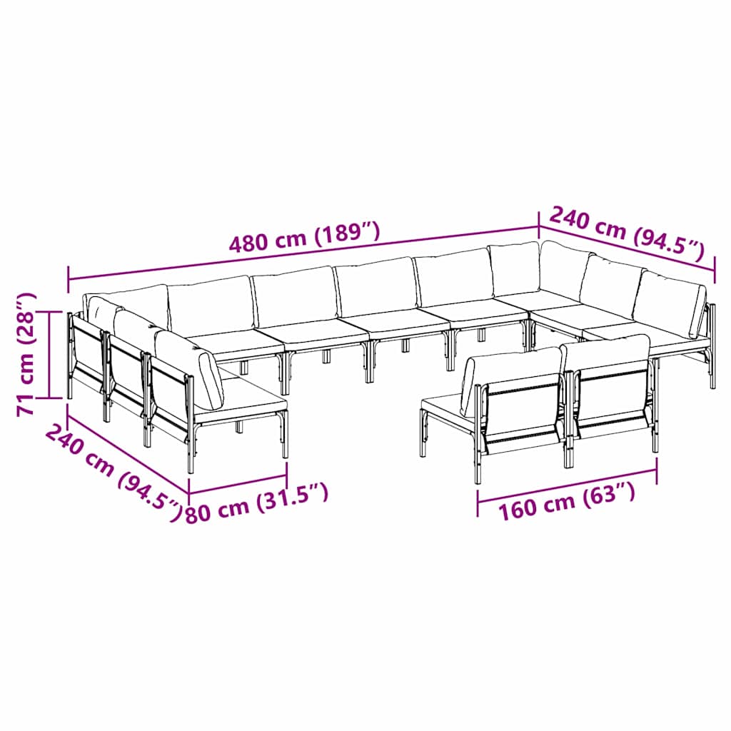 Garden Sofa Set with Cushion 12 pcs Black Steel