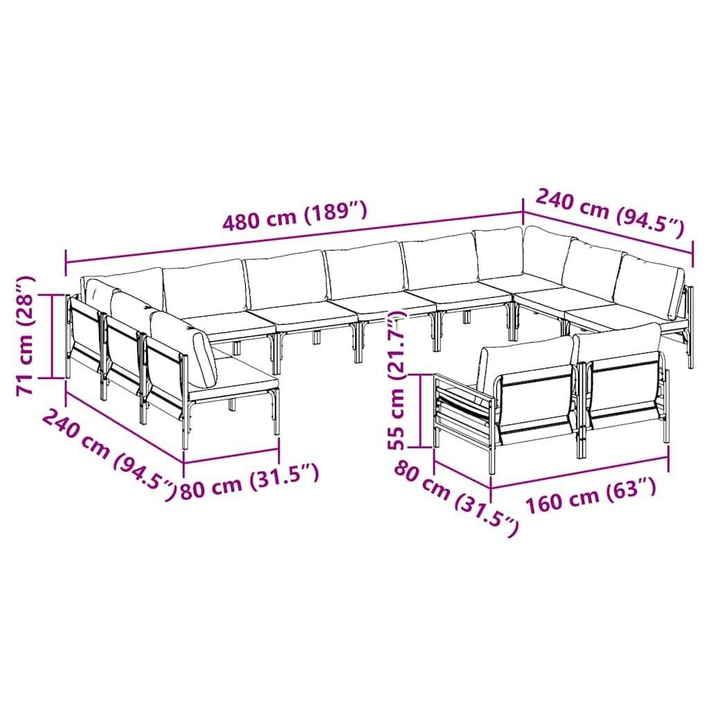 Garden Sofa Set with Cushion 12 pcs Black Steel