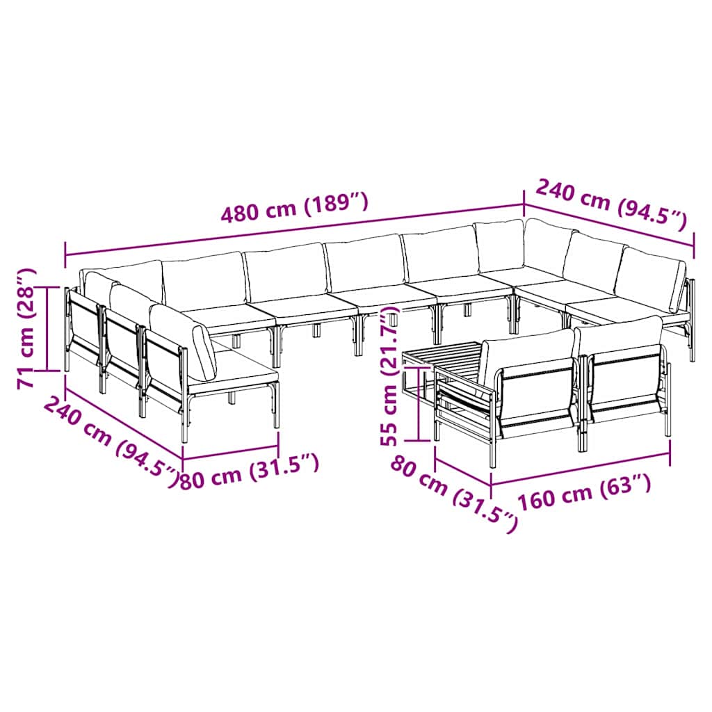 Garden Sofa Set with Cushion 13 pcs Black Steel