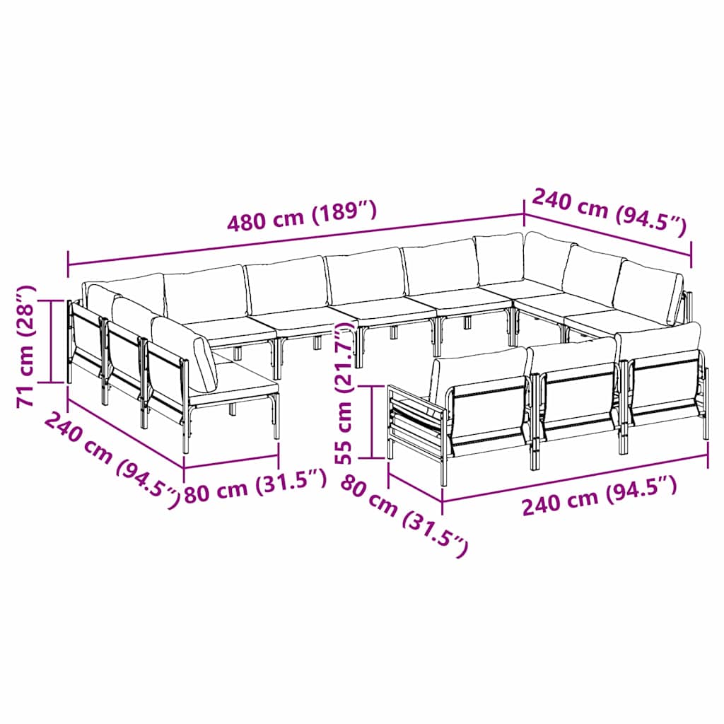 Garden Sofa Set with Cushion 13 pcs Black Steel