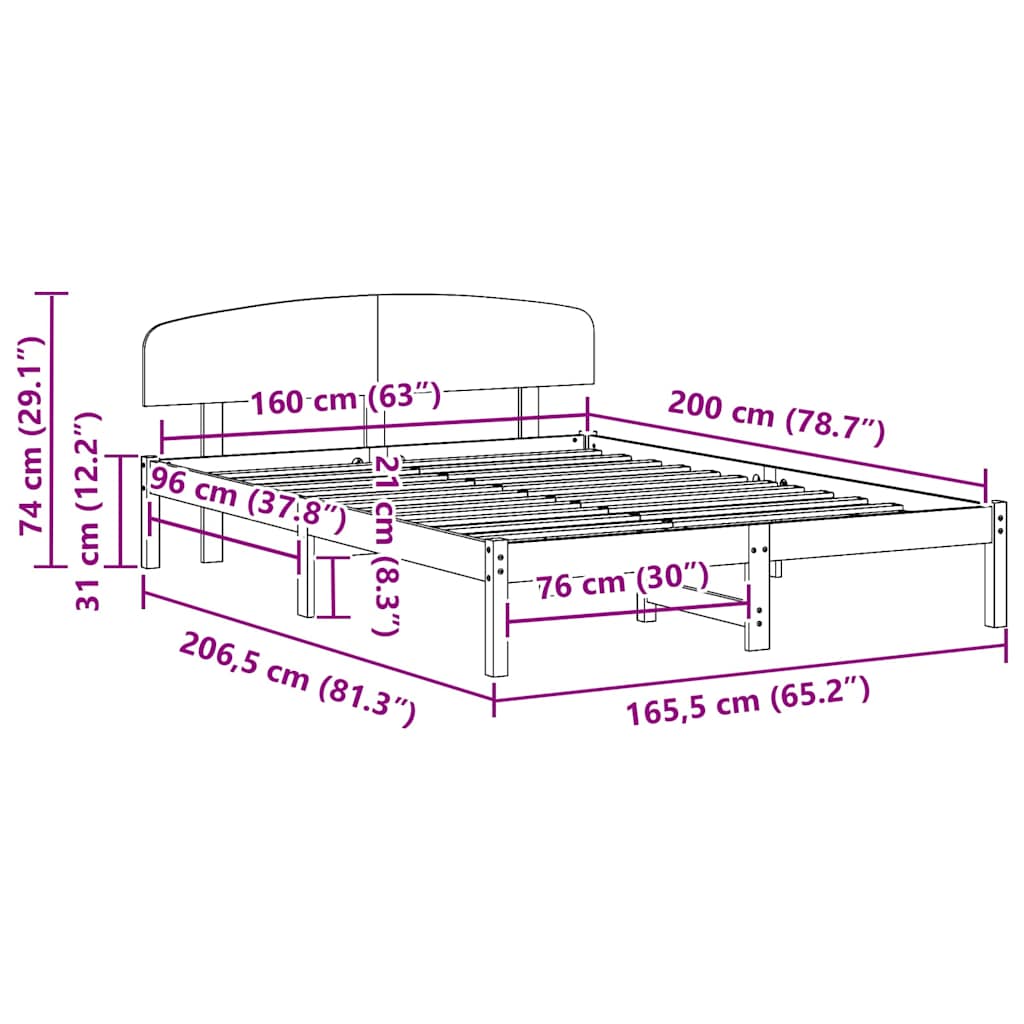 Bed Frame with Headboard White 160 x 200 cm Solid Pine Wood
