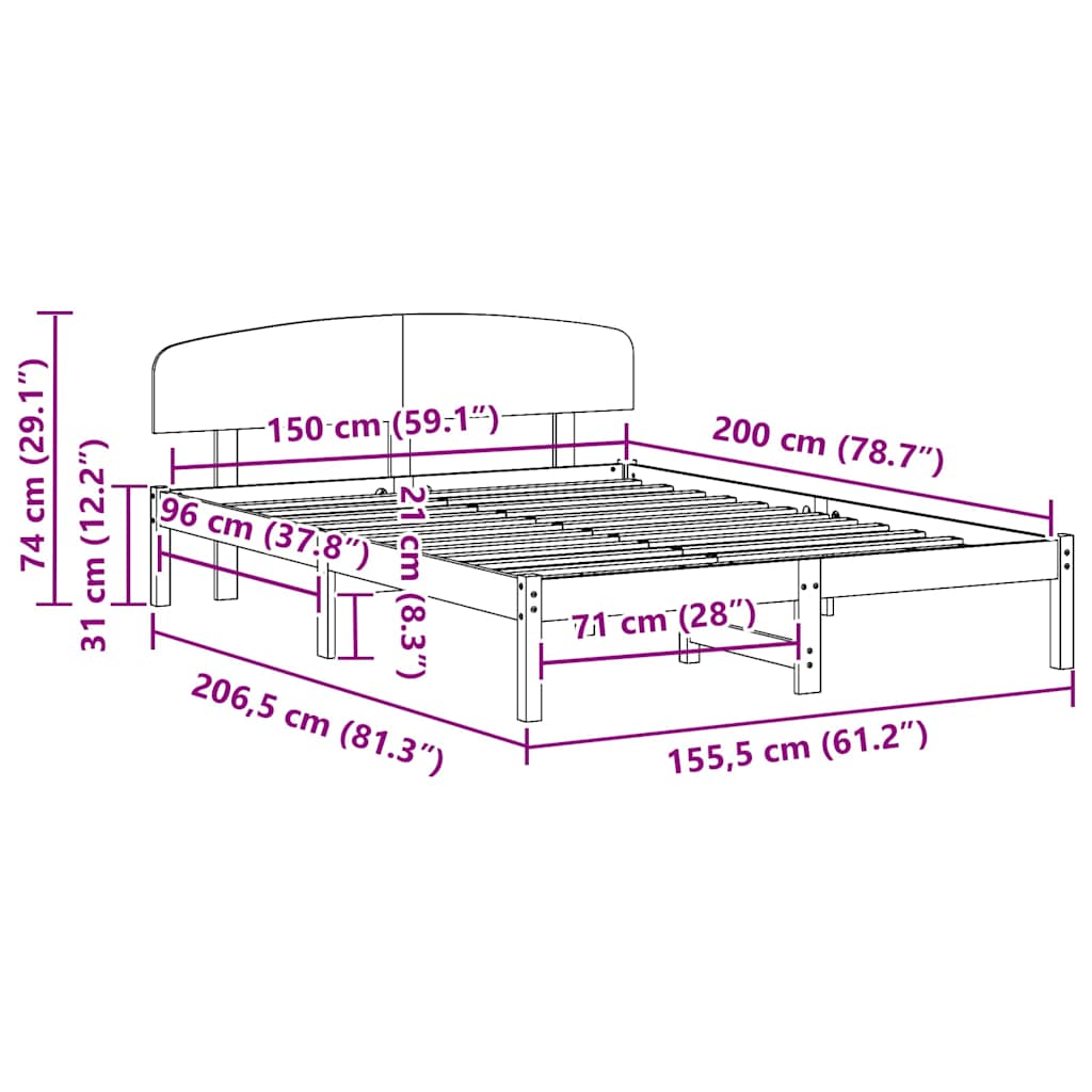 Bed Frame with Headboard White 150 x 200 cm Solid Pine Wood