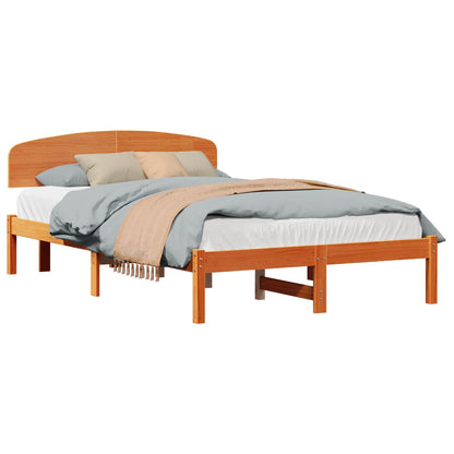 Bed Frame with Headboard Wax Brown 135 x 190 cm Solid Pine Wood