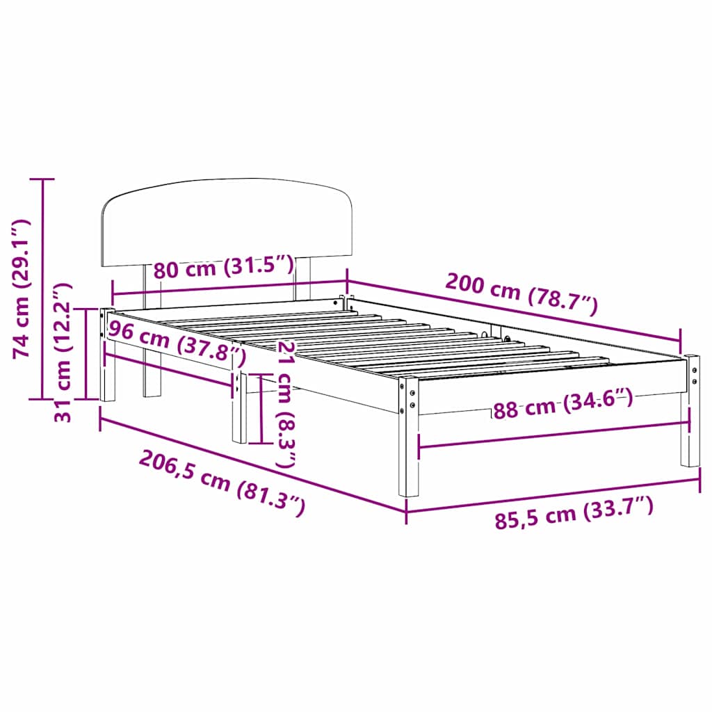 Bed Frame with Headboard Wax Brown 80 x 200 cm Solid Pine Wood