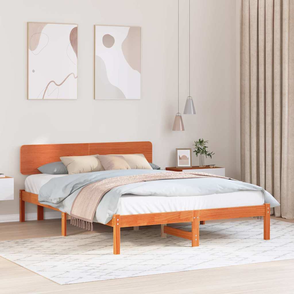 Bed Frame with Headboard Wax Brown 160 x 200 cm Solid Pine Wood