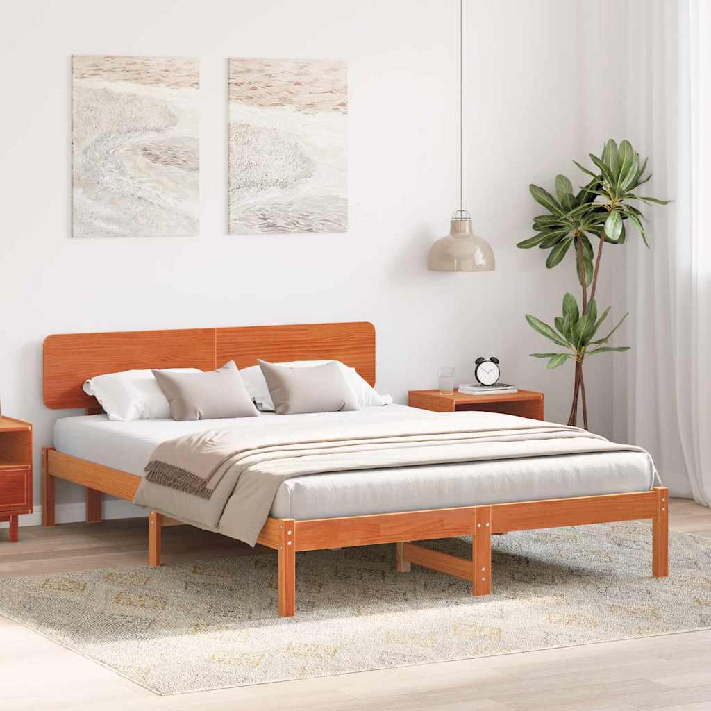 Bed Frame with Headboard Wax Brown 160 x 200 cm Solid Pine Wood