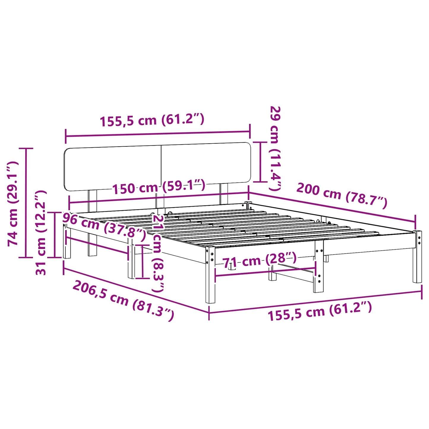 Bed Frame with Headboard White 150 x 200 cm Solid Pine Wood