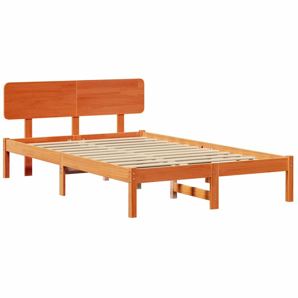 Bed Frame with Headboard Wax Brown 135 x 190 cm Solid Pine Wood