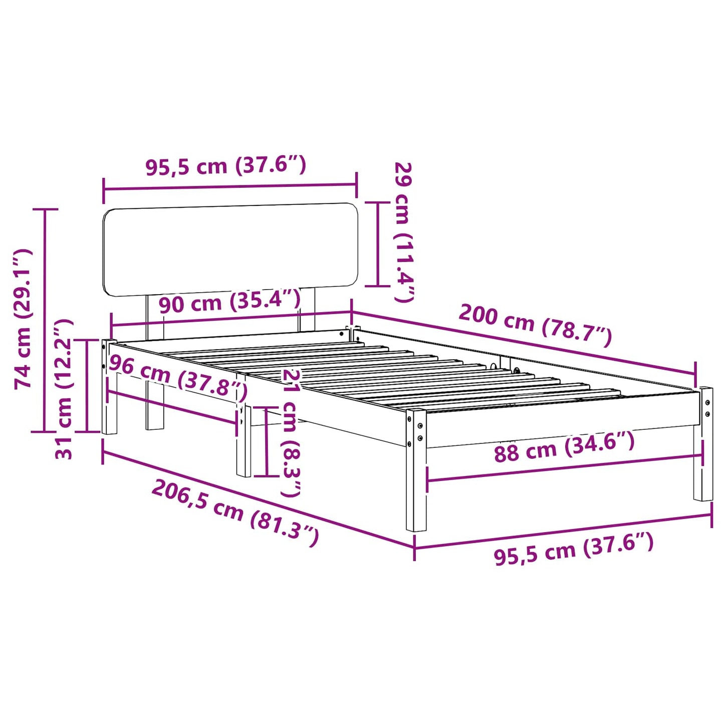 Bed Frame with Headboard White 90 x 200 cm Solid Pine Wood