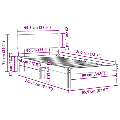 Bed Frame with Headboard Wax Brown 90 x 200 cm Solid Pine Wood