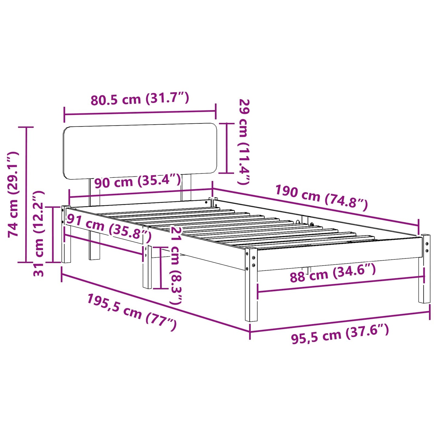 Bed Frame with Headboard Natural 90 x 190 cm Solid Pine Wood