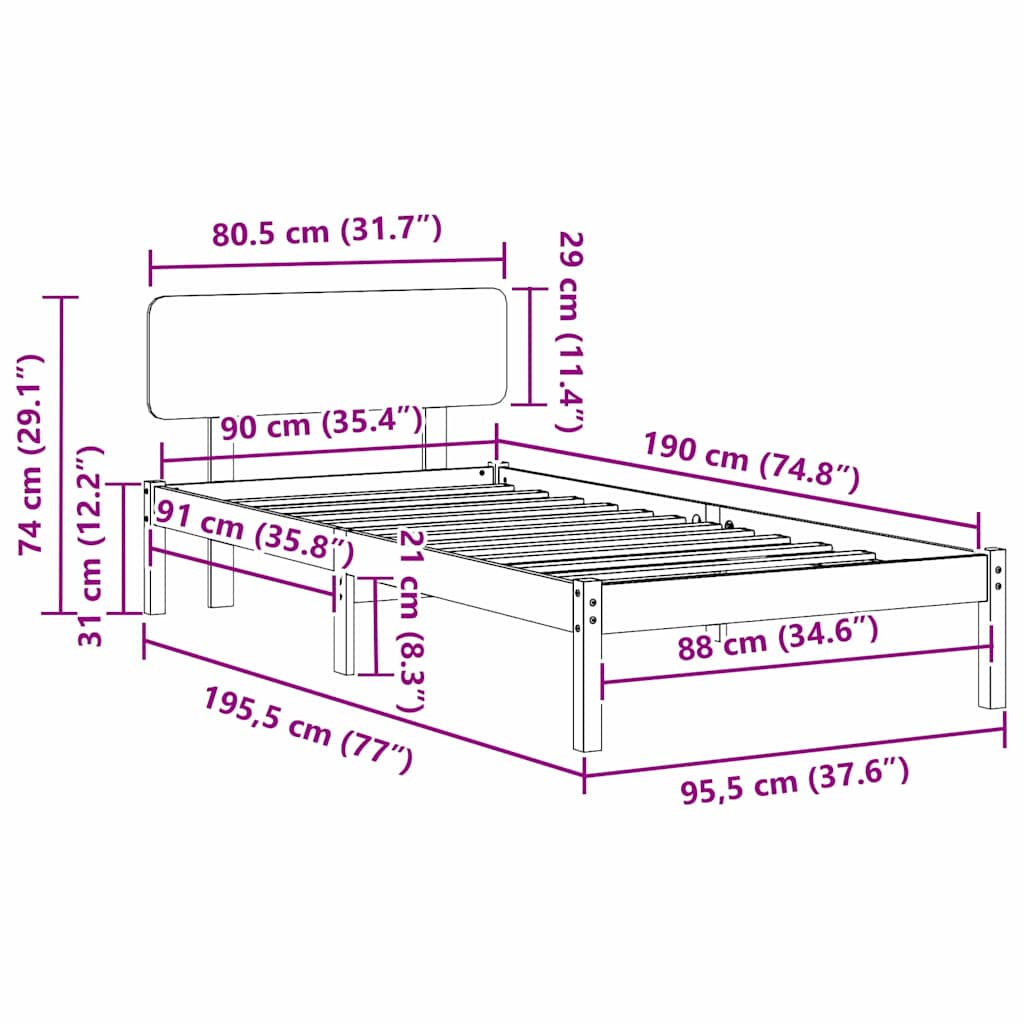 Bed Frame with Headboard Wax Brown 90 x 190 cm Solid Pine Wood
