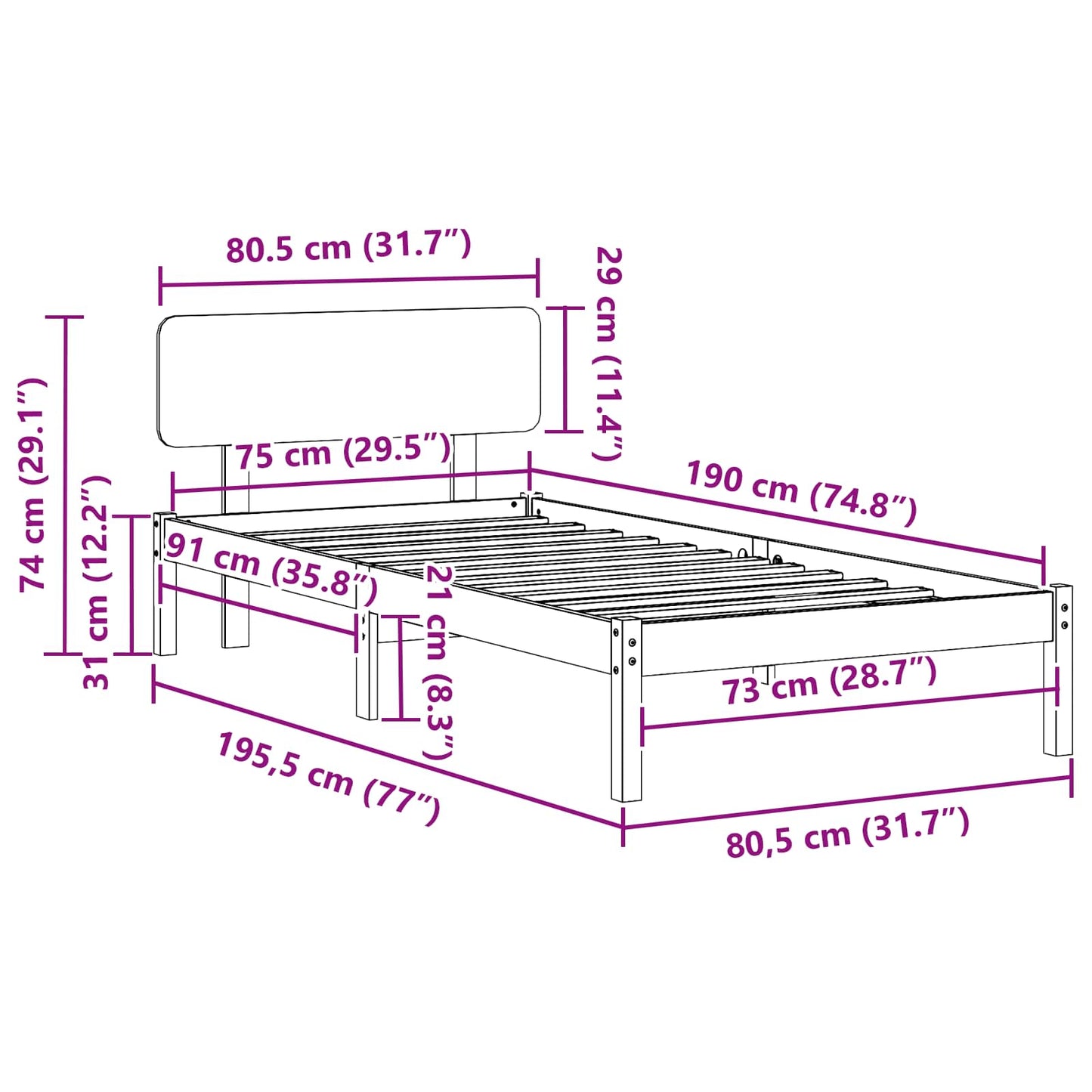 Bed Frame with Headboard White 75 x 190 cm Solid Pine Wood