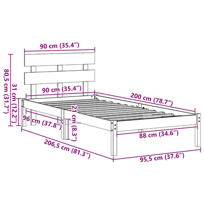 Bed Frame with Headboard Brown 90 x 200 cm Solid Pine wood