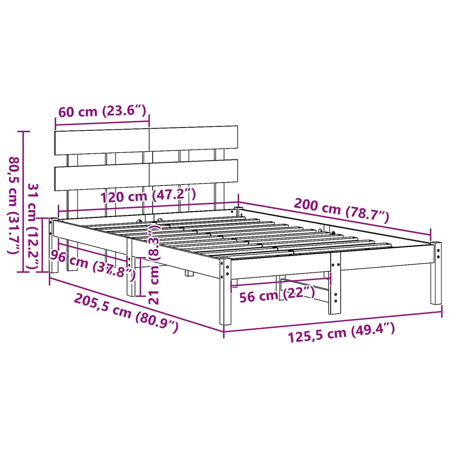 Bed Frame with Headboard White 120 x 200 cm Solid Pine wood