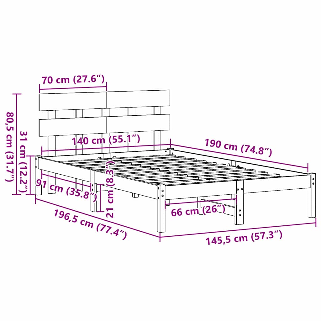 Bed Frame with Headboard White 140 x 190 cm Solid Pine wood
