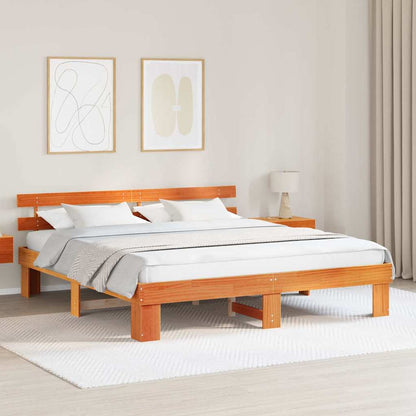 Bed Frame with Headboard Wax Brown 200 x 200 cm Solid Pine Wood