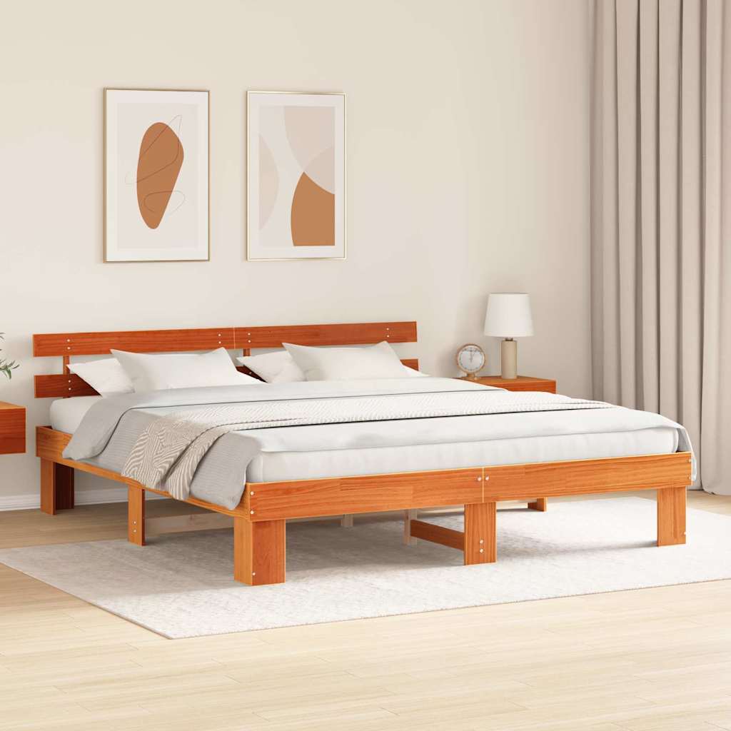 Bed Frame with Headboard Wax Brown 200 x 200 cm Solid Pine Wood