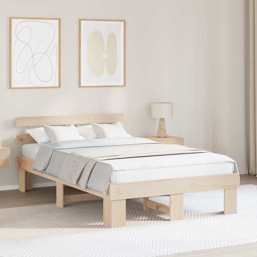 Bed Frame with Headboard Natural 140 x 190 cm Solid Pine Wood