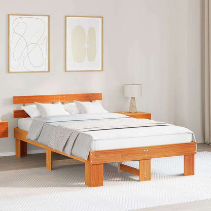 Bed Frame with Headboard Wax Brown 135 x 190 cm Solid Pine Wood