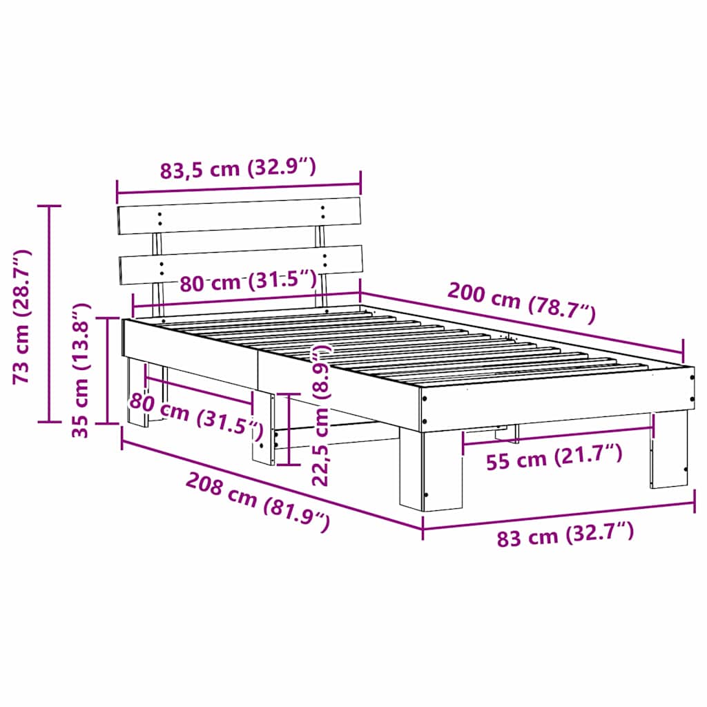Bed Frame with Headboard Wax Brown 80 x 200 cm Solid Pine Wood