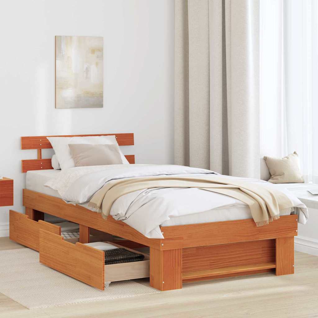 Bed Frame with Headboard Wax Brown 90 x 190 cm Solid Pine Wood
