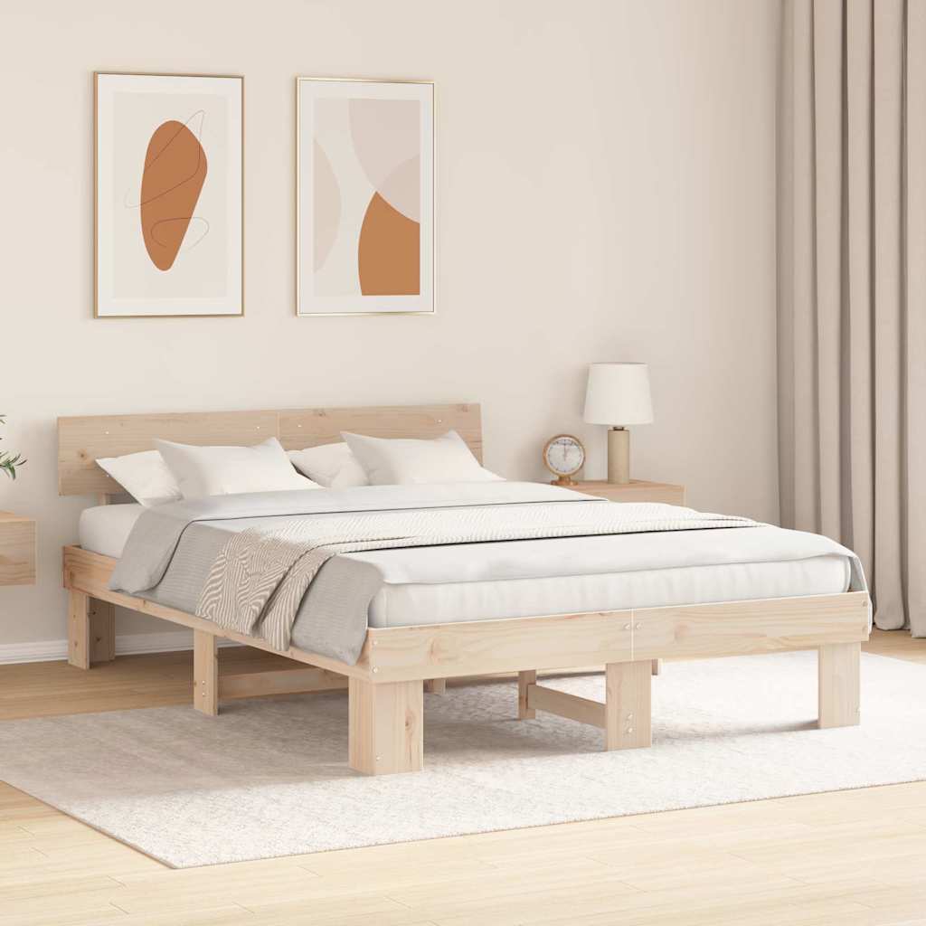 Bed Frame with Headboard Natural 140 x 200 cm Solid Pine Wood