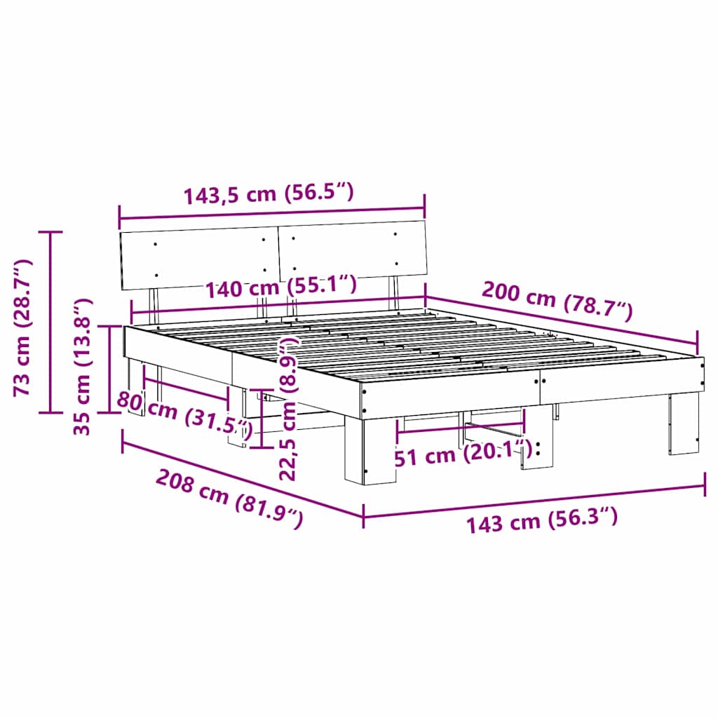 Bed Frame with Headboard Natural 140 x 200 cm Solid Pine Wood