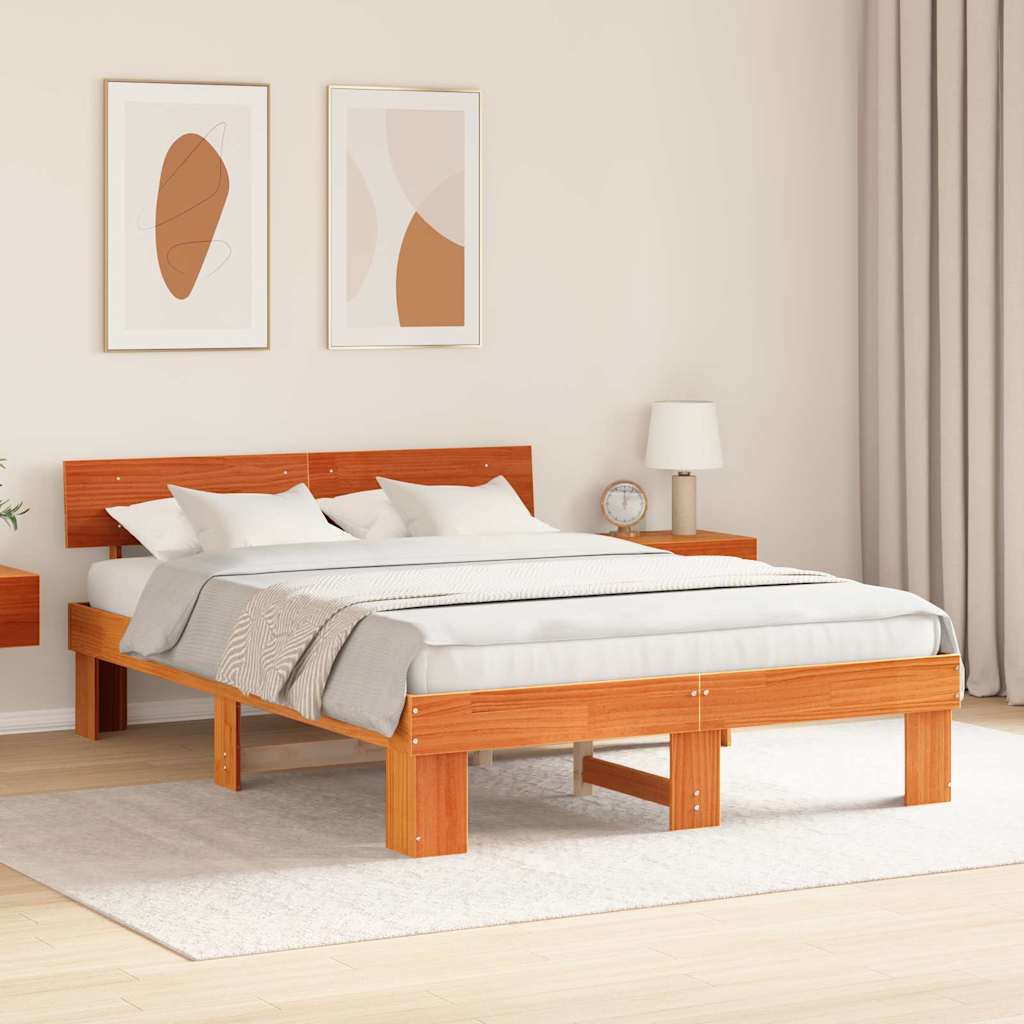 Bed Frame with Headboard Wax Brown 140 x 200 cm Solid Pine Wood
