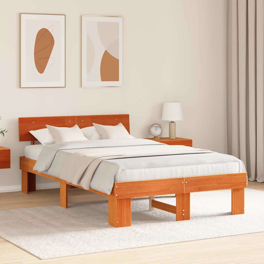 Bed Frame with Headboard Wax Brown 120 x 200 cm Solid Pine Wood