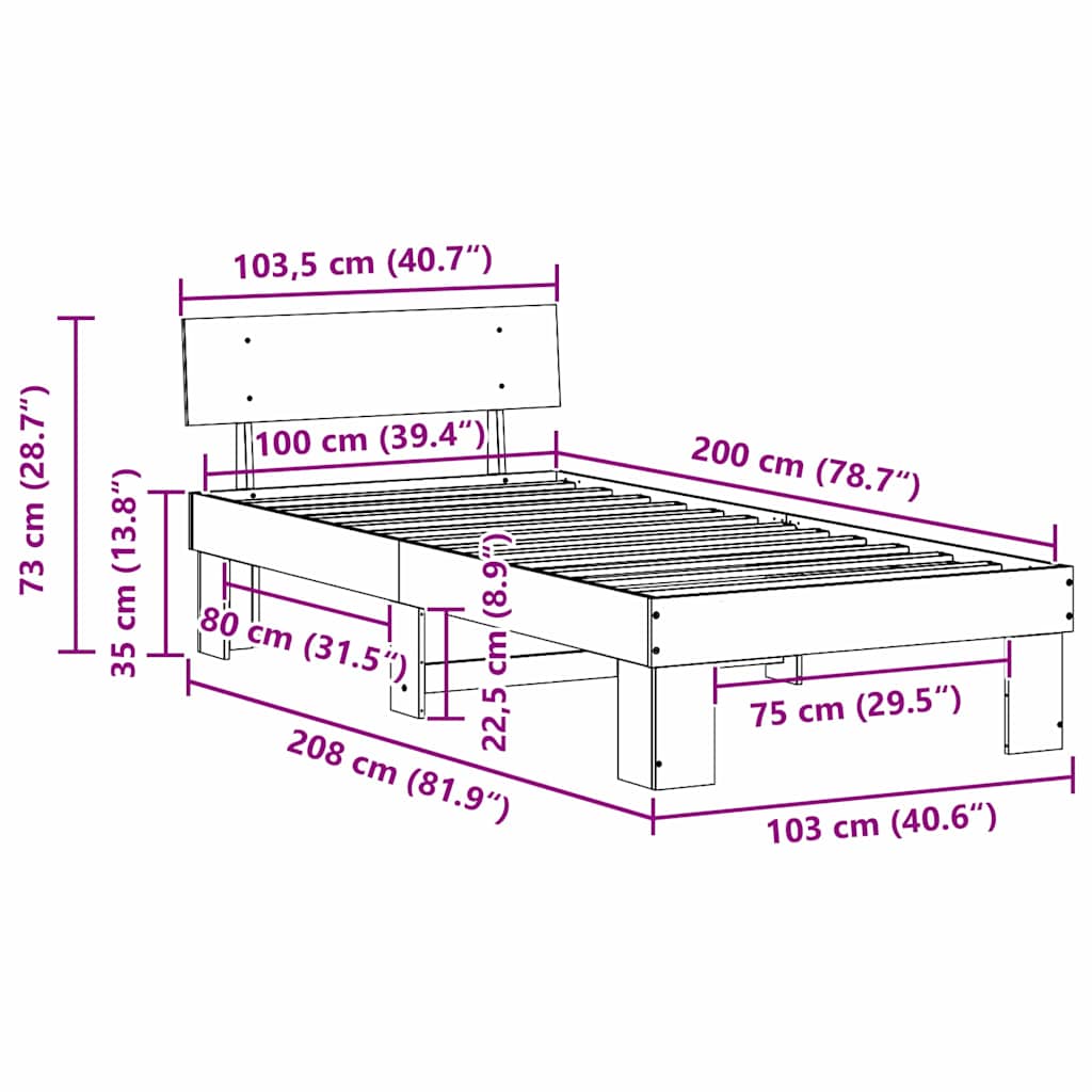 Bed Frame with Headboard White 100 x 200 cm Solid Pine Wood