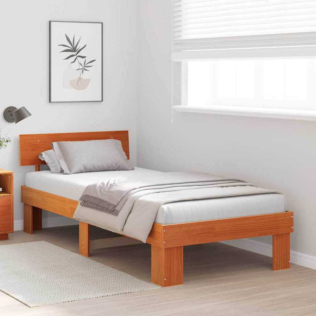 Bed Frame with Headboard Wax Brown 90 x 200 cm Solid Pine Wood