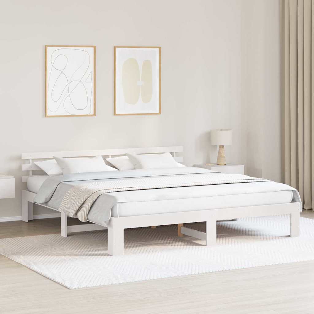 Bed Frame with Headboard White 200 x 200 cm Solid Pine Wood