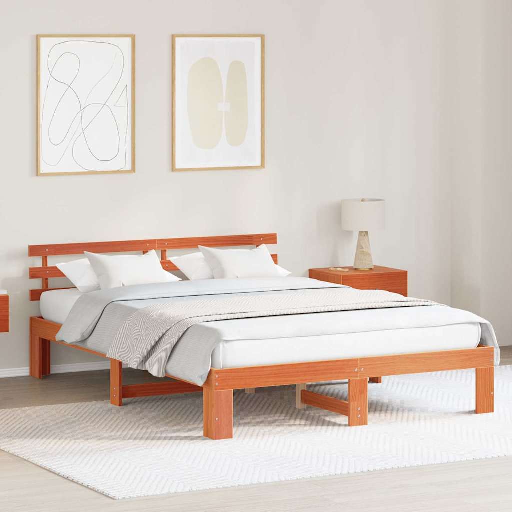 Bed Frame with Headboard Wax Brown 160 x 200 cm Solid Pine Wood