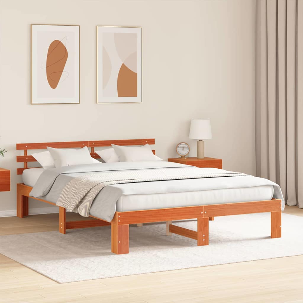 Bed Frame with Headboard Wax Brown 160 x 200 cm Solid Pine Wood
