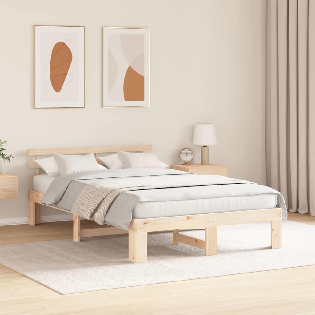 Bed Frame with Headboard Natural 135 x 190 cm Solid Pine Wood