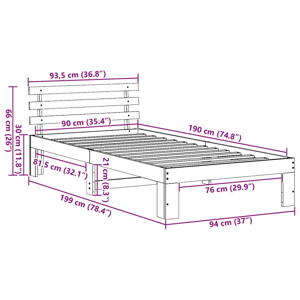 Bed Frame with Headboard Natural 90 x 190 cm Solid Pine Wood