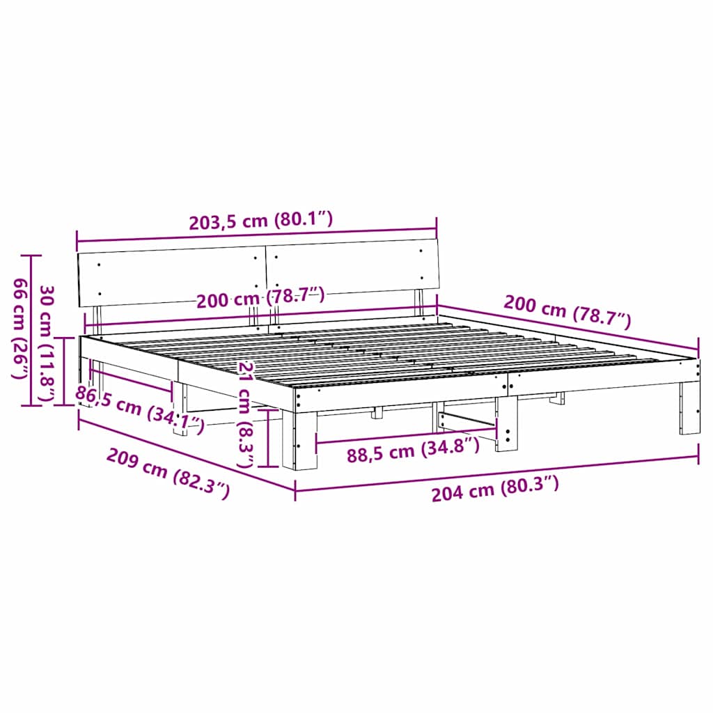 Bed Frame with Headboard White 200 x 200 cm Solid Pine Wood