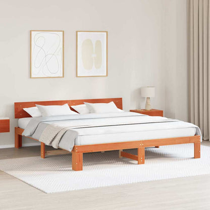 Bed Frame with Headboard Wax Brown 200 x 200 cm Solid Pine Wood