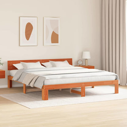 Bed Frame with Headboard Wax Brown 200 x 200 cm Solid Pine Wood