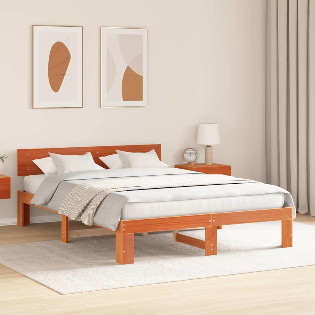 Bed Frame with Headboard Wax Brown 150 x 200 cm Solid Pine Wood