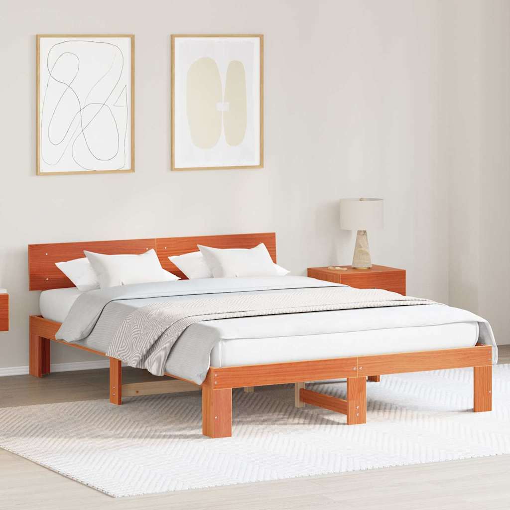 Bed Frame with Headboard Wax Brown 140 x 200 cm Solid Pine Wood
