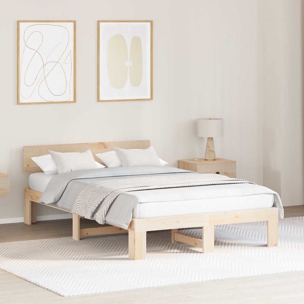 Bed Frame with Headboard Natural 140 x 190 cm Solid Pine Wood