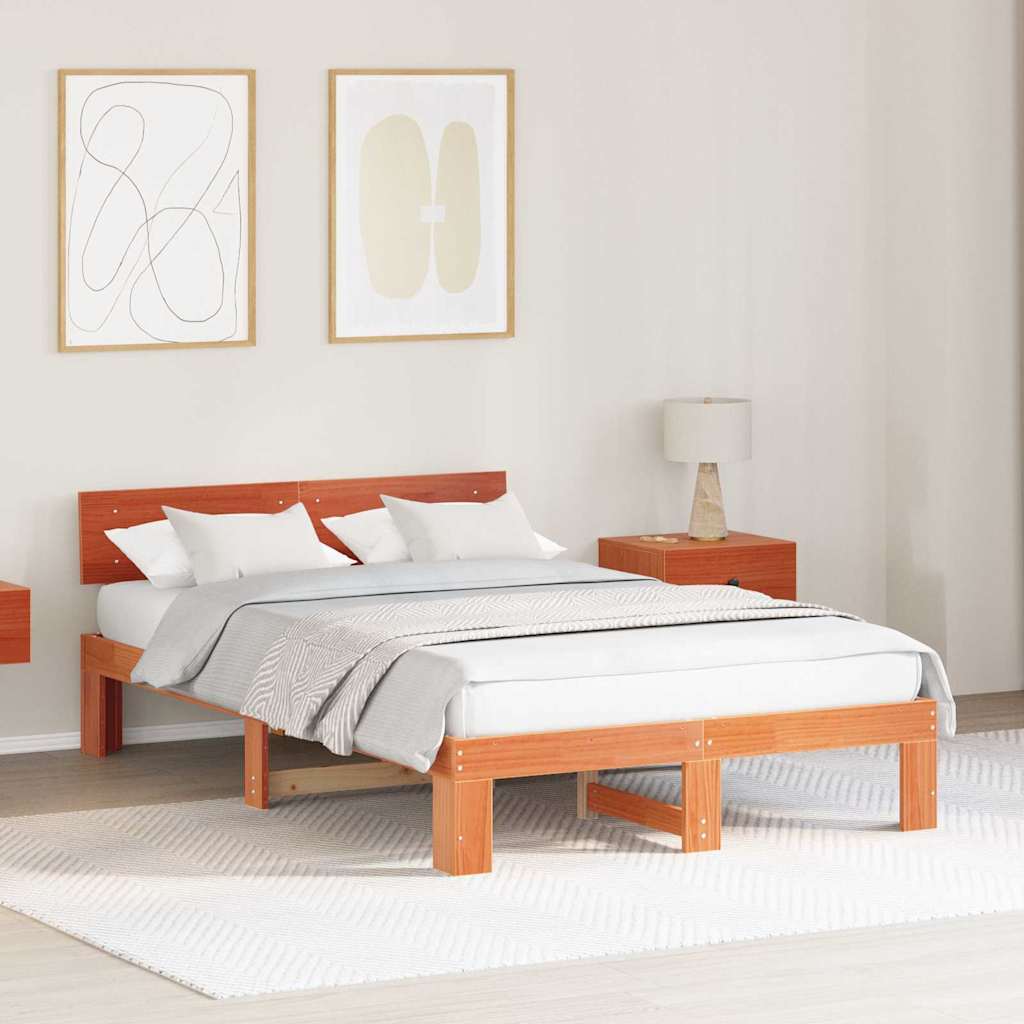 Bed Frame with Headboard Wax Brown 140 x 190 cm Solid Pine Wood